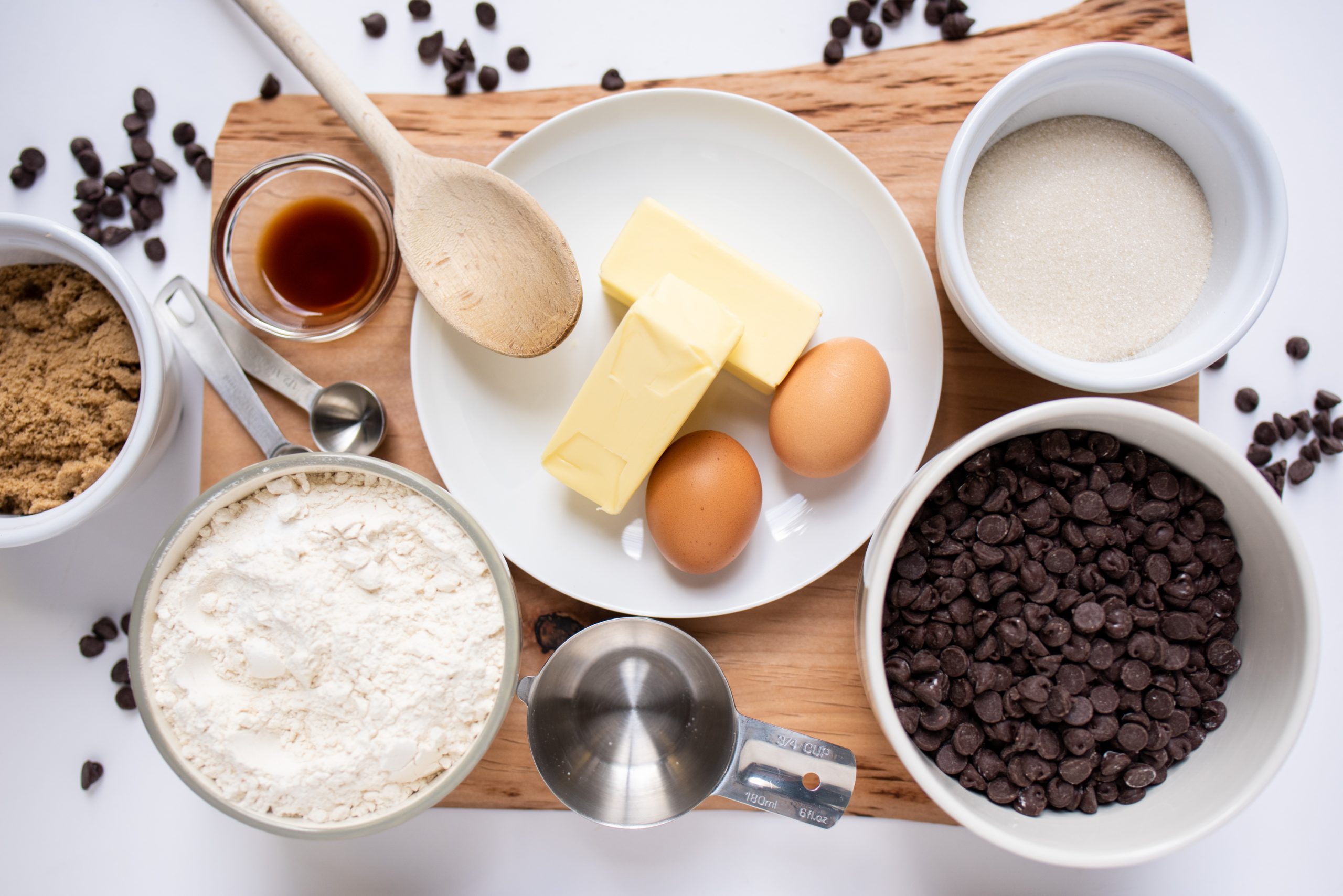 Flat-lay of chocolate chip cookie ingredients